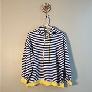 PINKSTYLE Blue and White Striped Hoodie with Yellow Accents